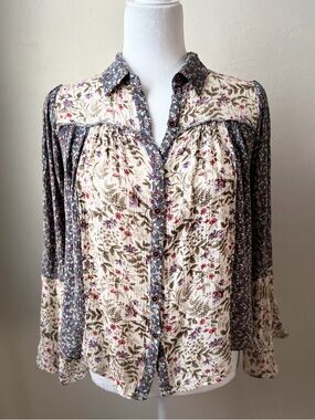Mystree Floral Boho Blouse Bell Sleeve Flowy Rayon Top XS